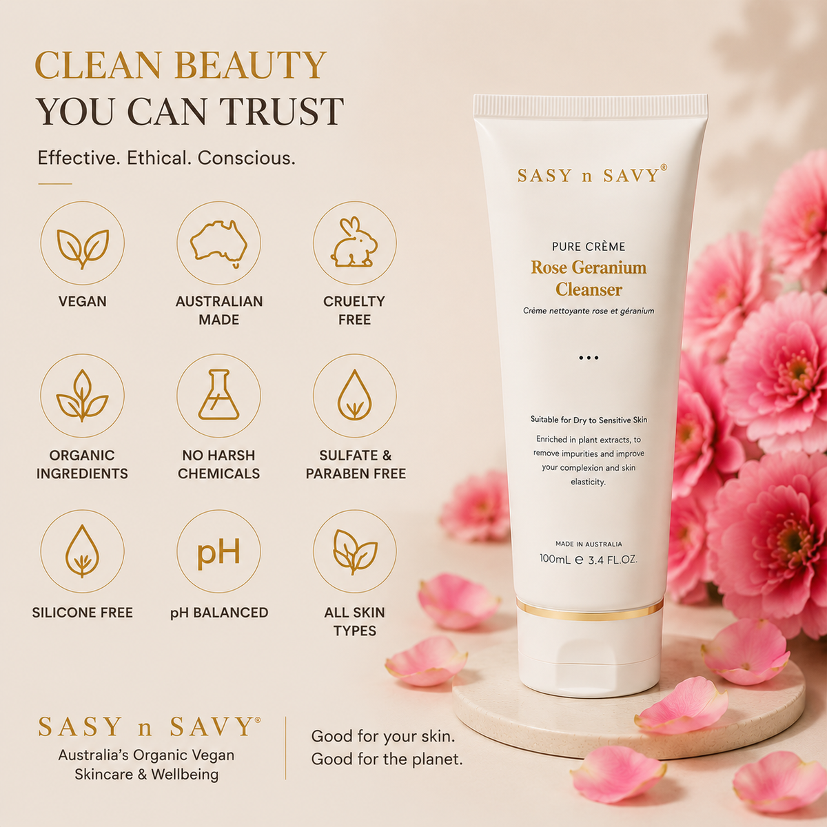 SASY n SAVY Pure Creme Rose Geranium Cleanser 100mL